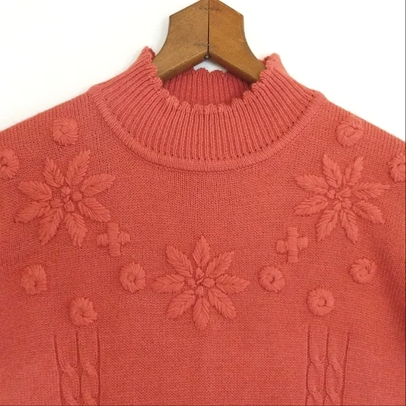 Vintage 90's Grandma Embroidered Cottagecore Turtle Neck Sweater Size M - Picture 2 of 10